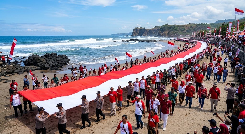 Bendera Raksasa 300 Meter Siap Dibentangkan di Pantai Karanghawu. (Ilustrasi)